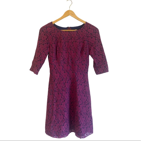 ABS Allen Schwartz purple lace cocktail dress size 0 mini dress 3/4 sleeve - Picture 1 of 7